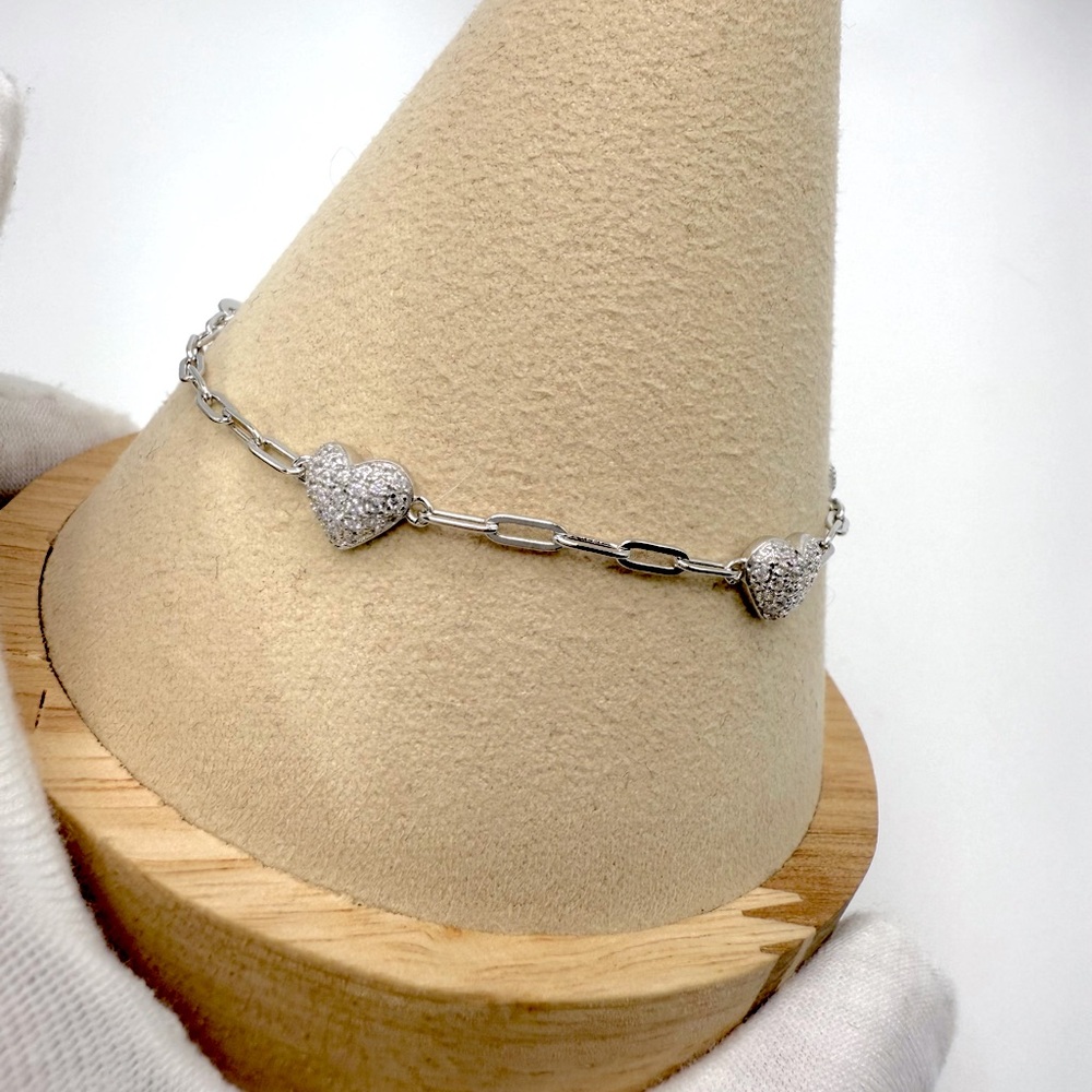 7” .925 Sterling Silver Cz Heart Bracelet - Picture 4 of 13